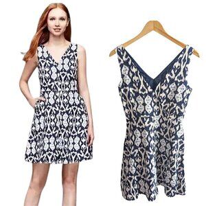 NWOT GAP 100% Linen Ikat Navy Blue & White Fit & Flare Sleeveless Mini Dress Siz